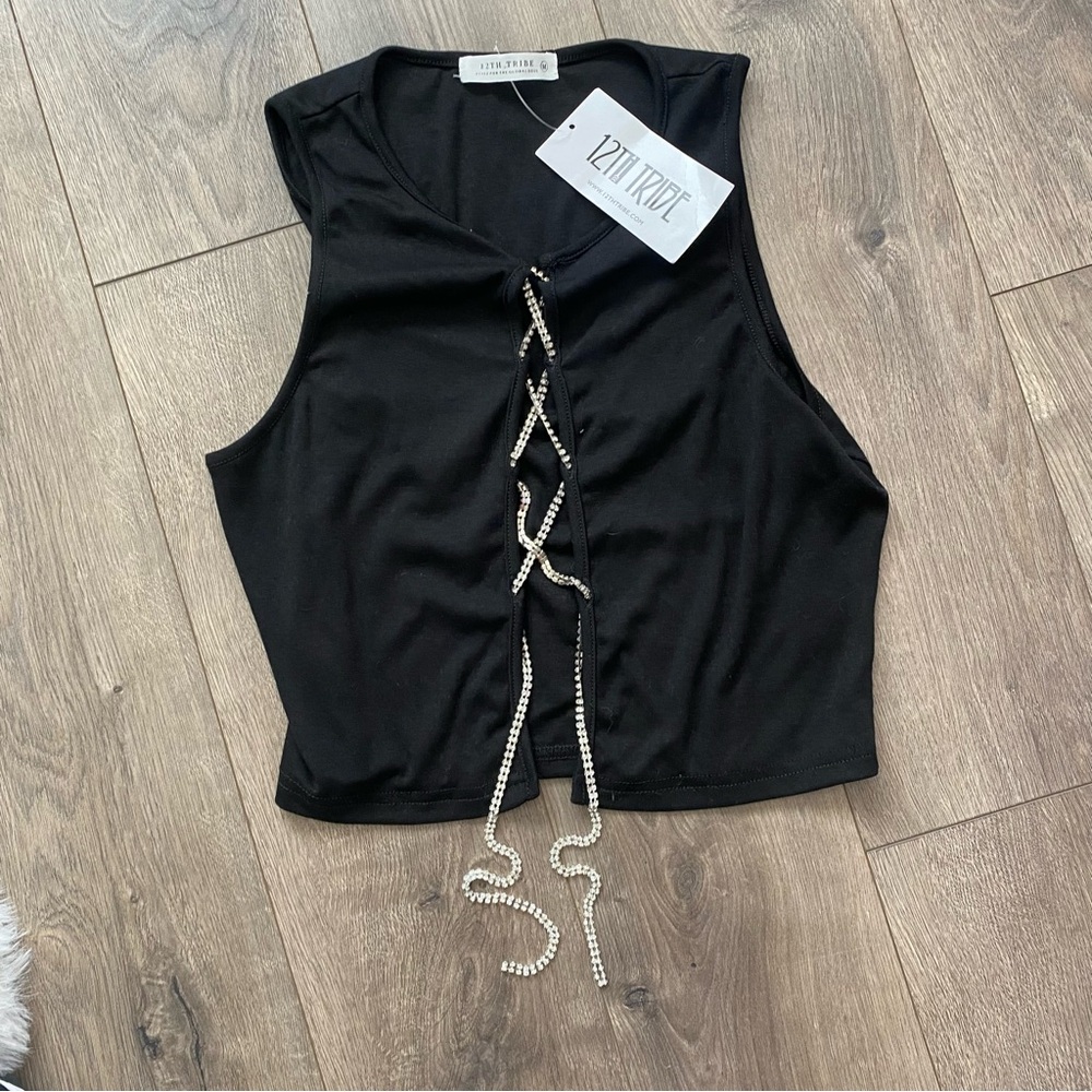 12 tribe black rhinestone lace up top